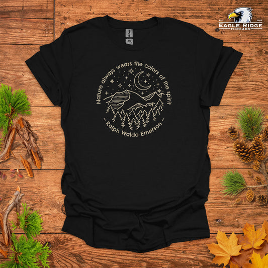 Nature Always Wears The Colors Of The Spirit – Ralph Waldo Emerson • Hiking T-shirt • Night Sky Mountain Graphic