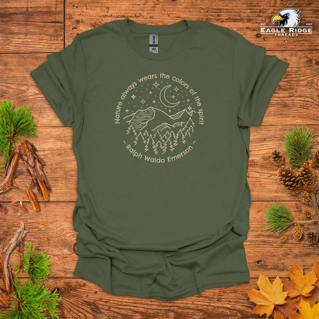Nature Always Wears The Colors Of The Spirit – Ralph Waldo Emerson • Hiking T-shirt • Night Sky Mountain Graphic