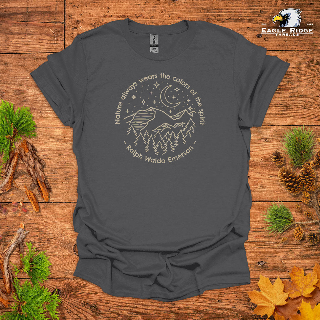 Nature Always Wears The Colors Of The Spirit – Ralph Waldo Emerson • Hiking T-shirt • Night Sky Mountain Graphic