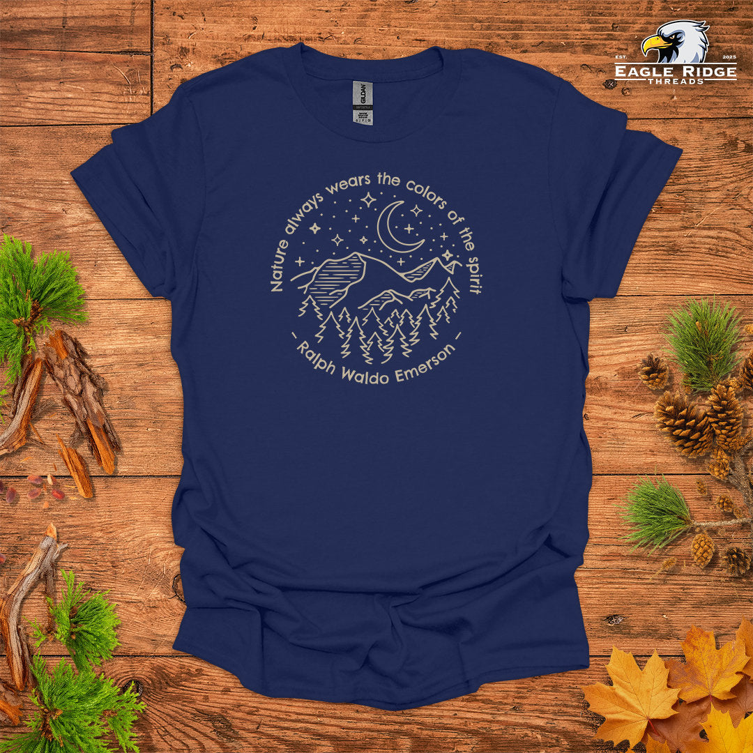 Nature Always Wears The Colors Of The Spirit – Ralph Waldo Emerson • Hiking T-shirt • Night Sky Mountain Graphic