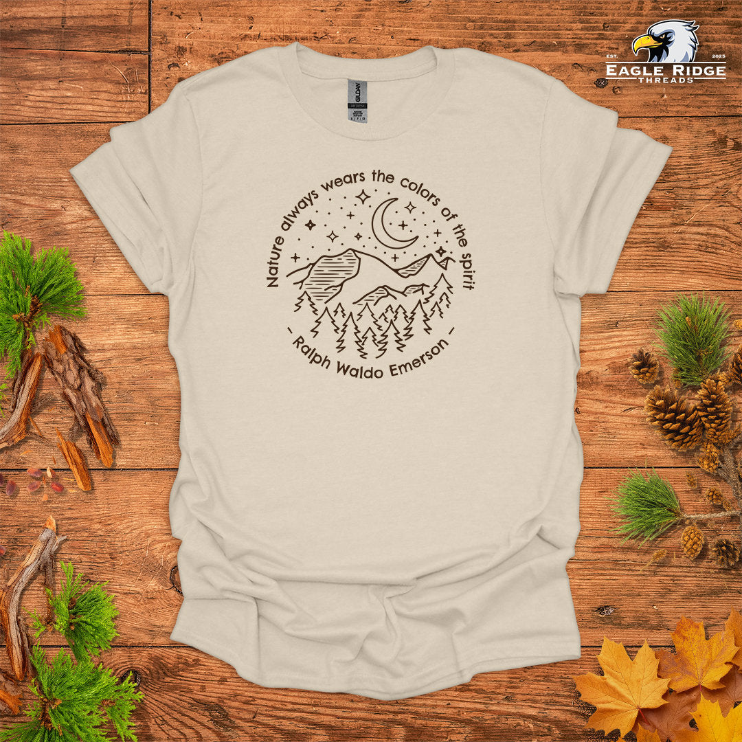 Nature Always Wears The Colors Of The Spirit – Ralph Waldo Emerson • Hiking T-shirt • Night Sky Mountain Graphic