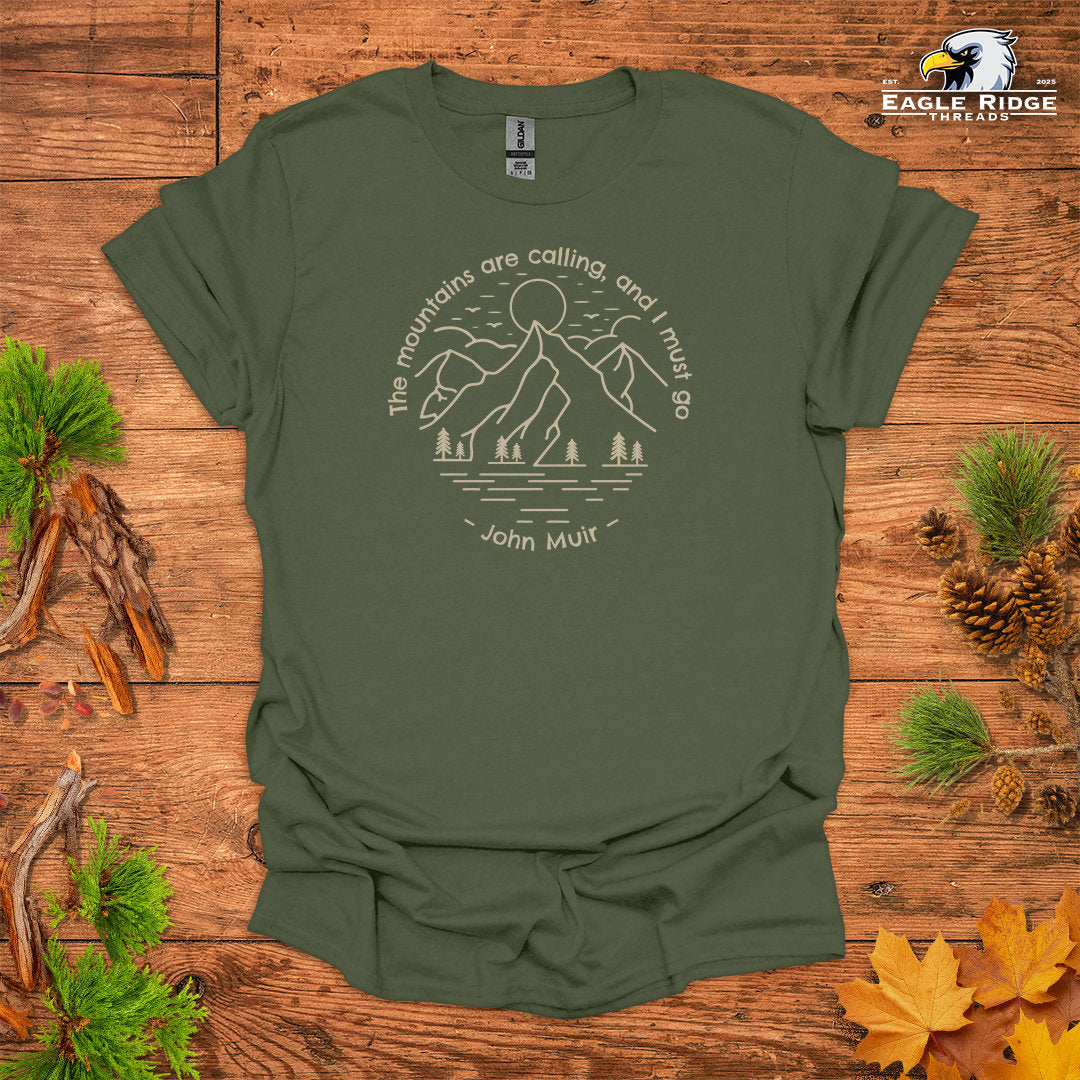 The Mountains Are Calling, And I Must Go – John Muir • Hiking T-shirt • Mountain Line Art Graphic