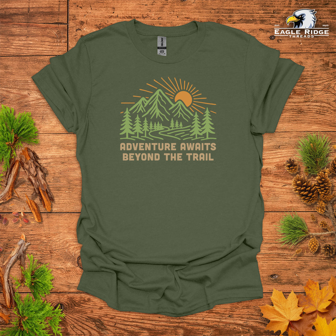 Adventure Awaits Beyond The Trail • Hiking T-shirt • Mountain Sunrise Graphic