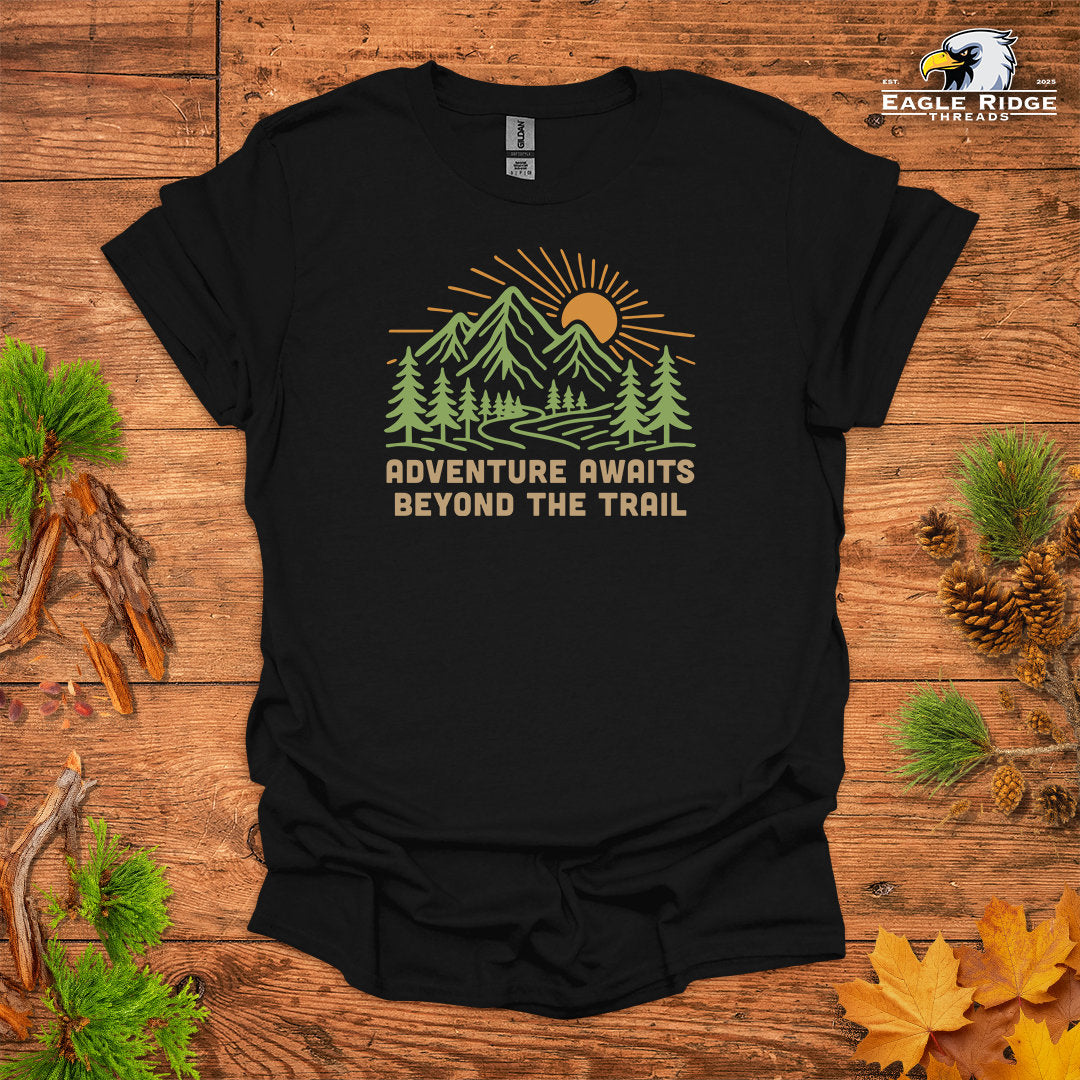 Adventure Awaits Beyond The Trail • Hiking T-shirt • Mountain Sunrise Graphic