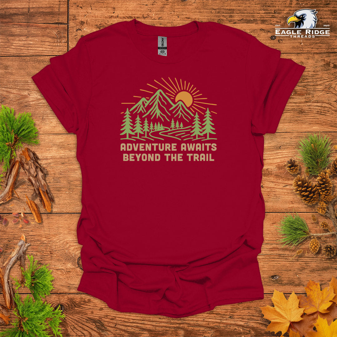 Adventure Awaits Beyond The Trail • Hiking T-shirt • Mountain Sunrise Graphic