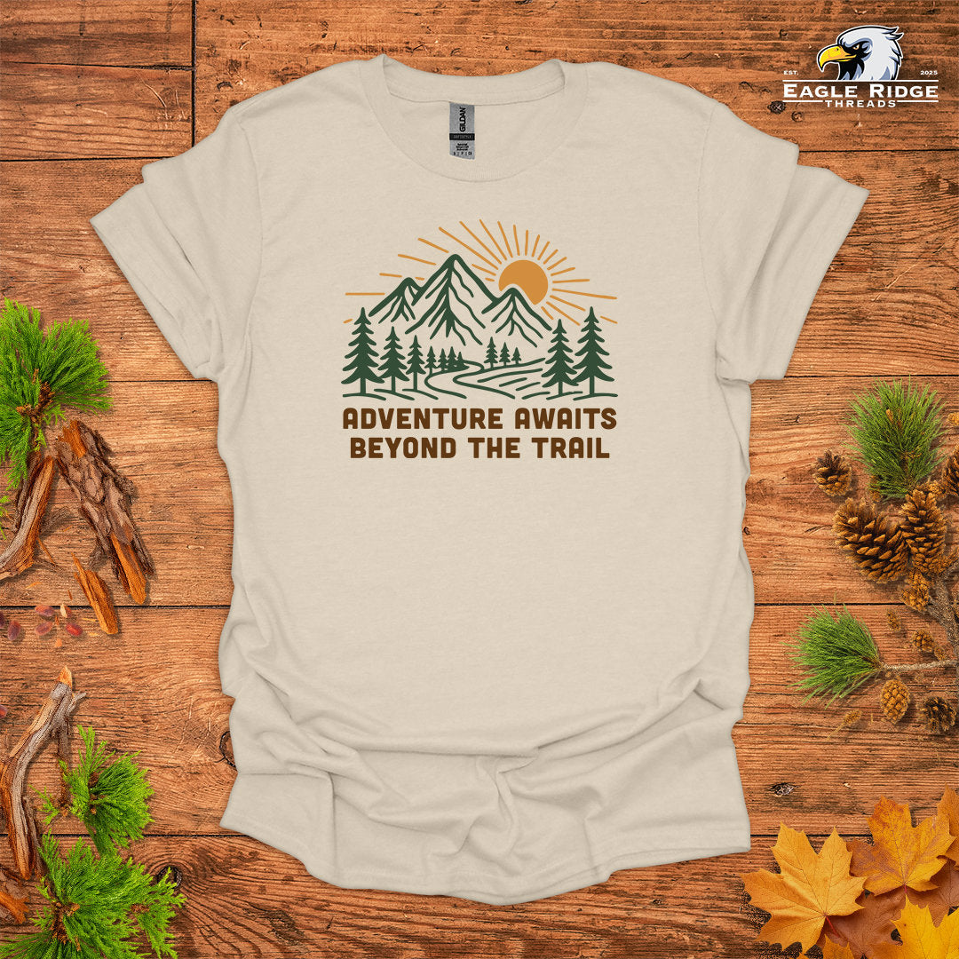 Adventure Awaits Beyond The Trail • Hiking T-shirt • Mountain Sunrise Graphic