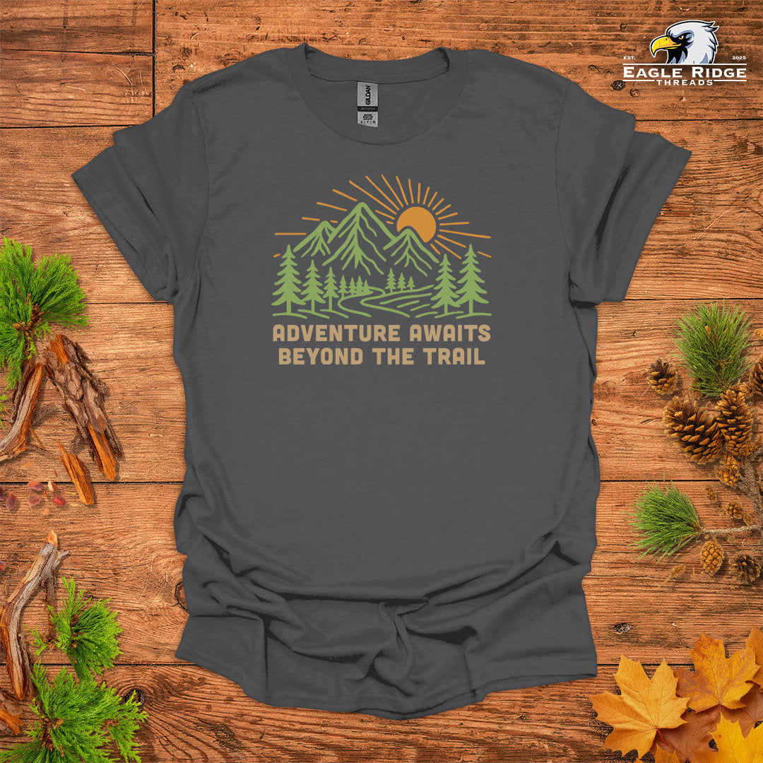 Adventure Awaits Beyond The Trail • Hiking T-shirt • Mountain Sunrise Graphic