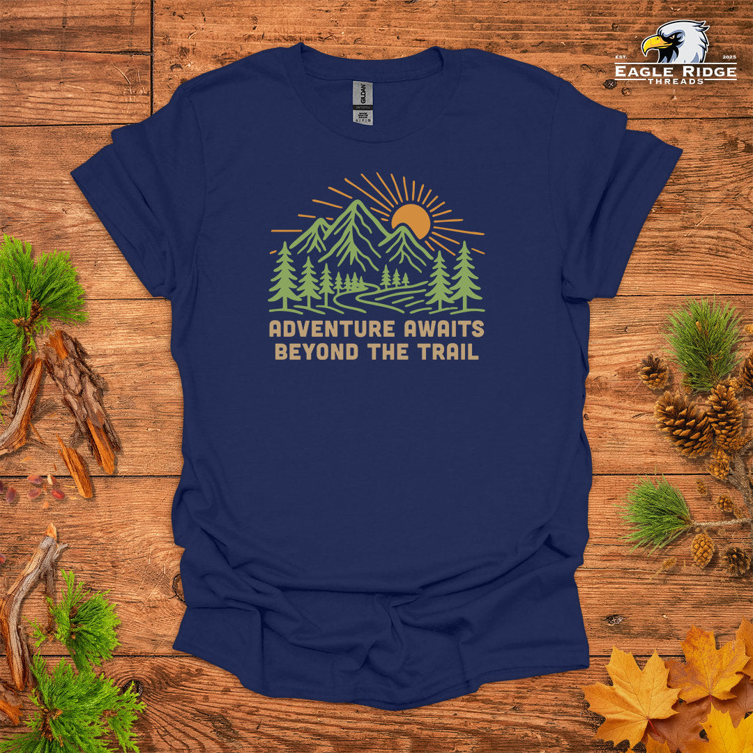 Adventure Awaits Beyond The Trail • Hiking T-shirt • Mountain Sunrise Graphic