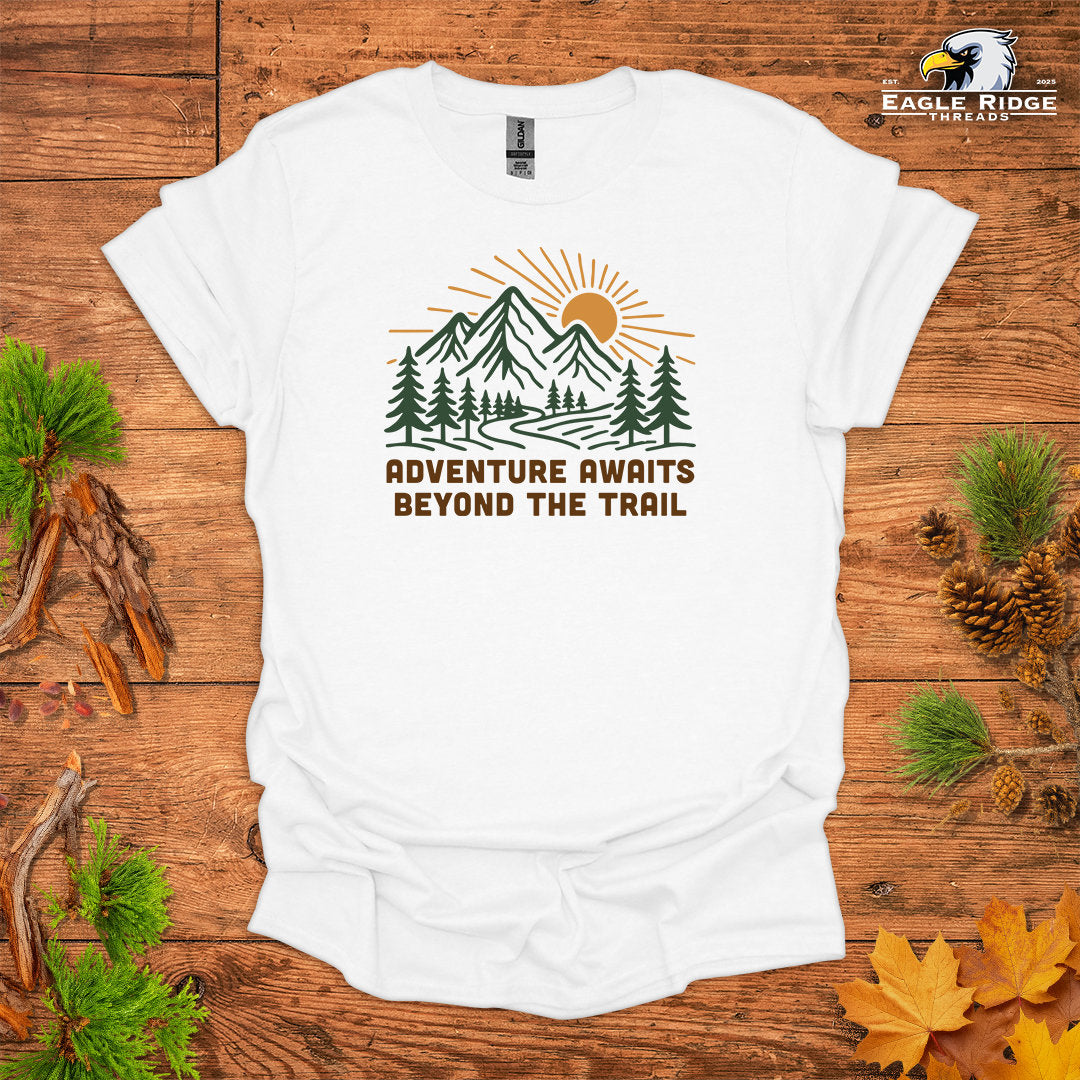 Adventure Awaits Beyond The Trail • Hiking T-shirt • Mountain Sunrise Graphic