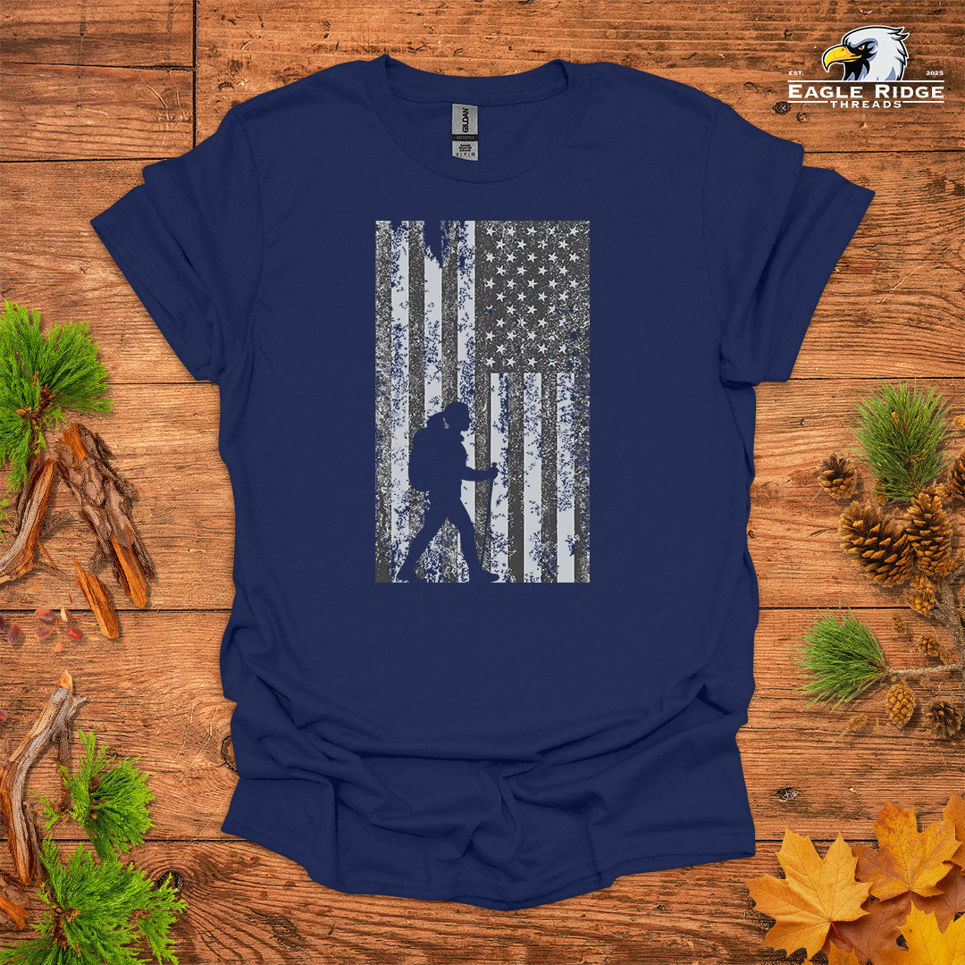 American Hiker • Women's Hiking T-shirt • Distressed Patriotic Graphic