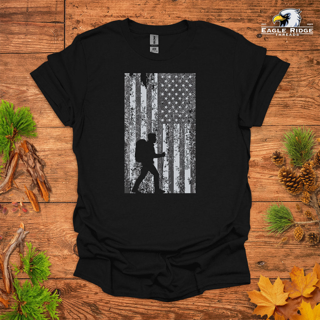 American Hiker • Men’s Hiking T-shirt • Distressed Patriotic Graphic