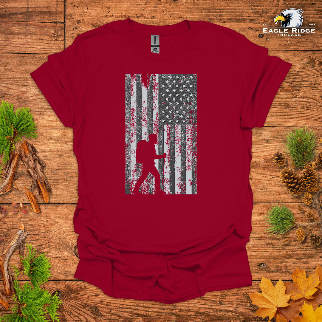 American Hiker • Men’s Hiking T-shirt • Distressed Patriotic Graphic