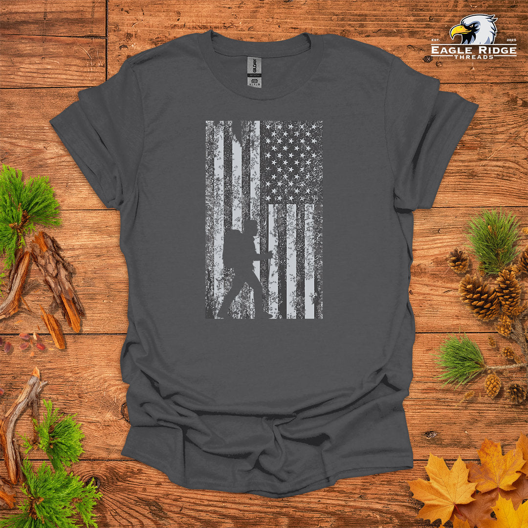 American Hiker • Men’s Hiking T-shirt • Distressed Patriotic Graphic