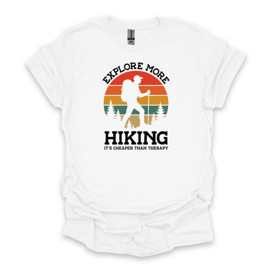 Explore More Hiking It’s Cheaper Than Therapy • Men's Hiking T-shirt • Retro Sunset Silhouette Graphic