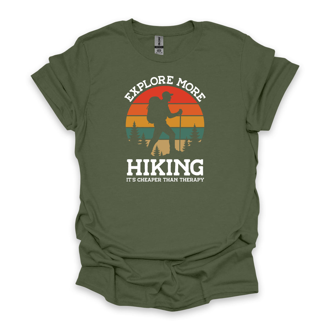 Explore More Hiking It’s Cheaper Than Therapy • Men's Hiking T-shirt • Retro Sunset Silhouette Graphic