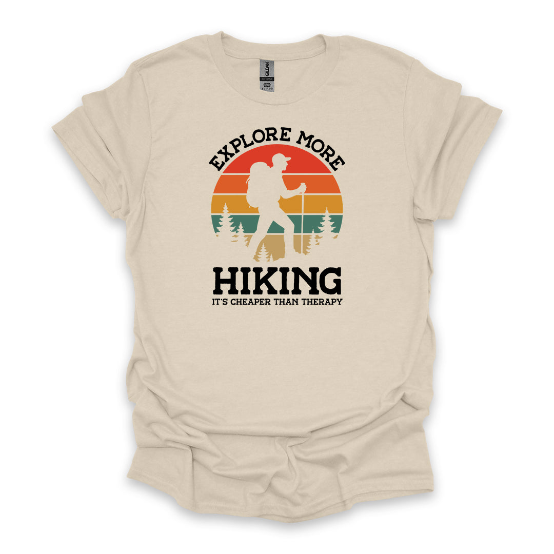 Explore More Hiking It’s Cheaper Than Therapy • Men's Hiking T-shirt • Retro Sunset Silhouette Graphic