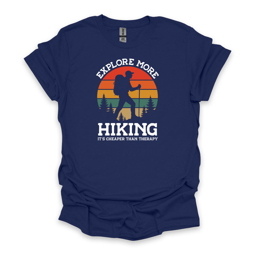 Explore More Hiking It’s Cheaper Than Therapy • Men's Hiking T-shirt • Retro Sunset Silhouette Graphic