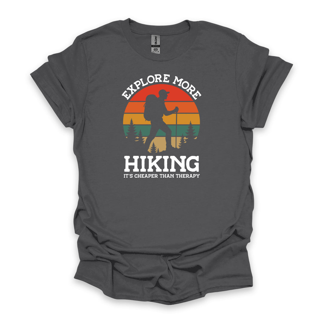 Explore More Hiking It’s Cheaper Than Therapy • Men's Hiking T-shirt • Retro Sunset Silhouette Graphic