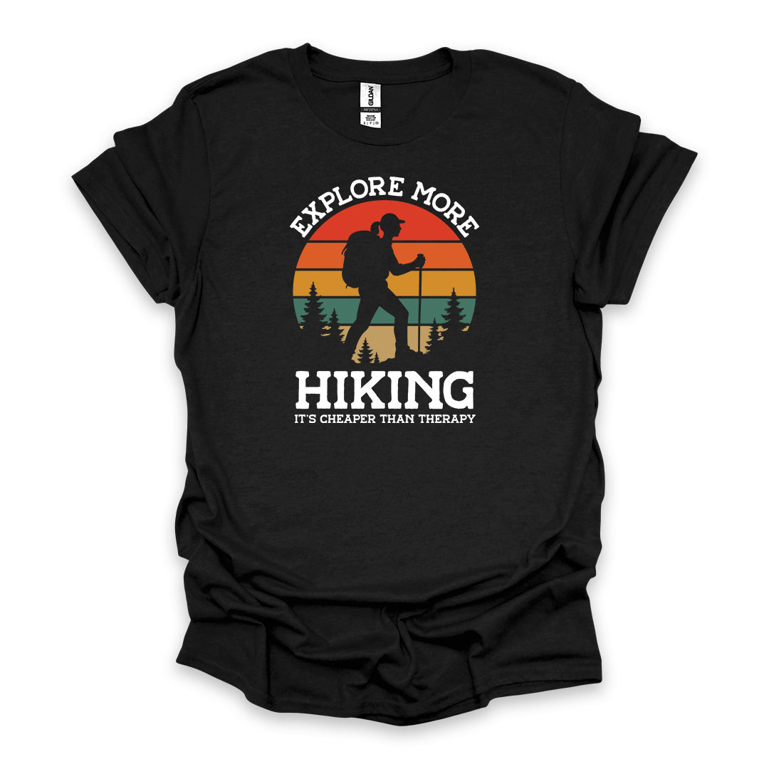 Explore More Hiking It’s Cheaper Than Therapy • Women's Hiking T-shirt • Retro Sunset Silhouette Graphic