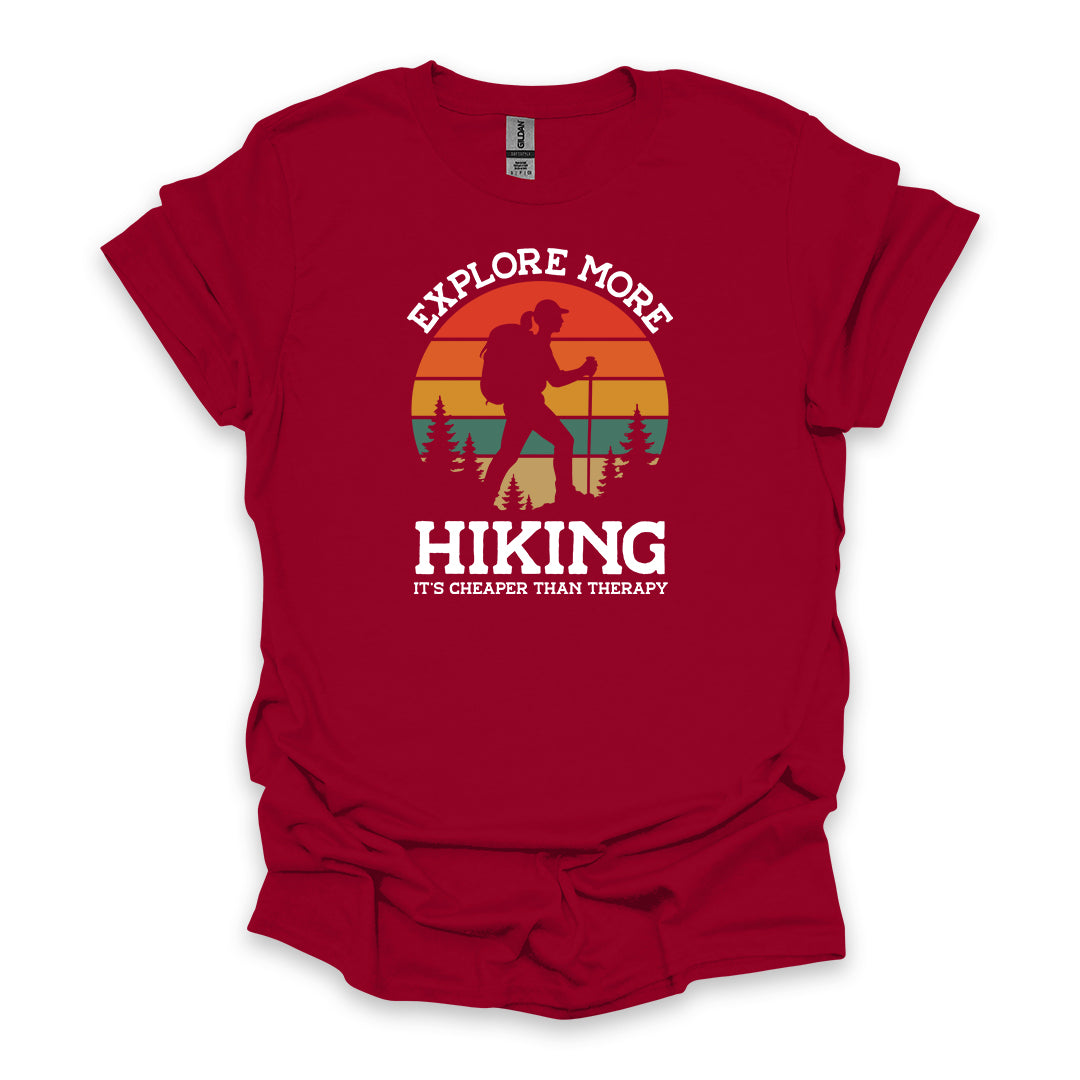 Explore More Hiking It’s Cheaper Than Therapy • Women's Hiking T-shirt • Retro Sunset Silhouette Graphic