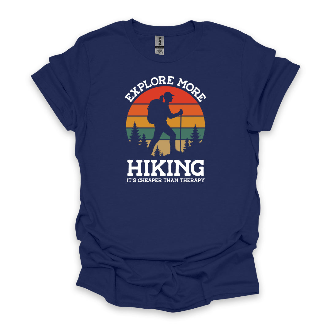 Explore More Hiking It’s Cheaper Than Therapy • Women's Hiking T-shirt • Retro Sunset Silhouette Graphic
