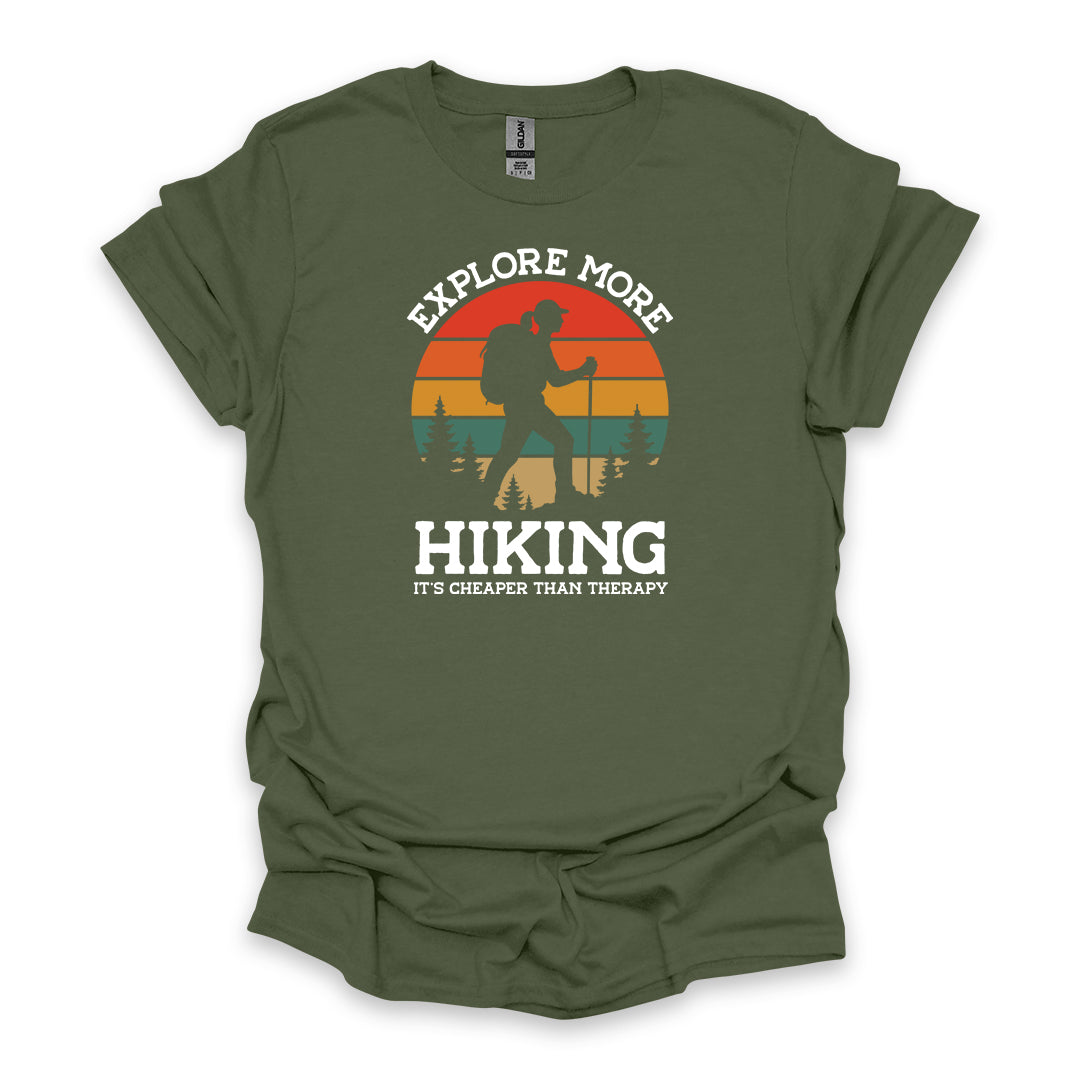 Explore More Hiking It’s Cheaper Than Therapy • Women's Hiking T-shirt • Retro Sunset Silhouette Graphic