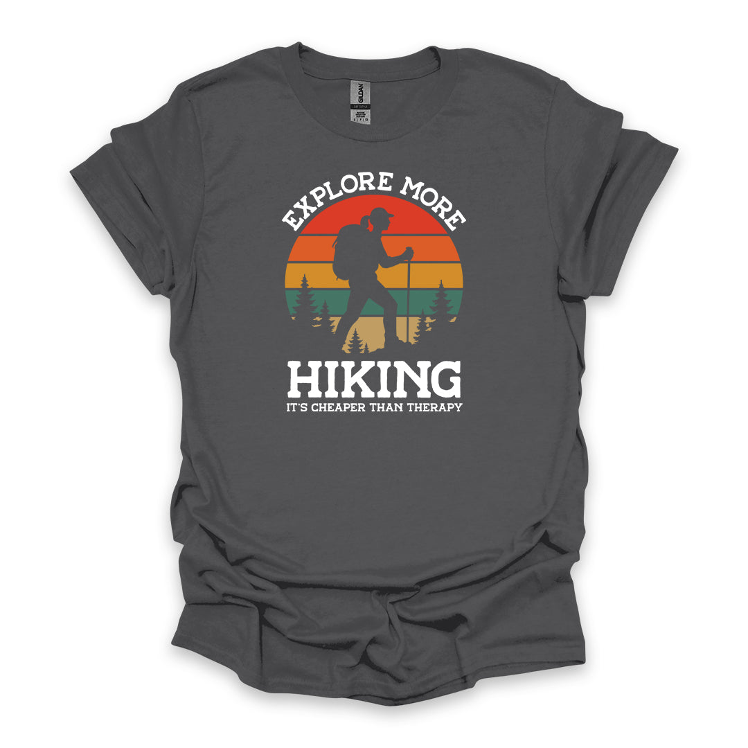 Explore More Hiking It’s Cheaper Than Therapy • Women's Hiking T-shirt • Retro Sunset Silhouette Graphic