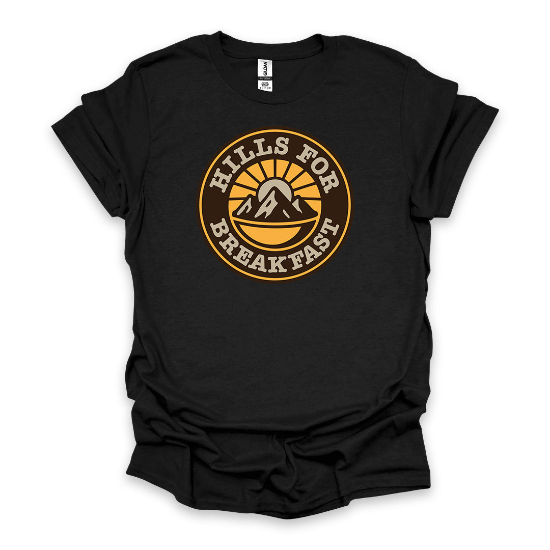 Hills For Breakfast • Hiking T-shirt • Sunrise Mountain Badge Graphic
