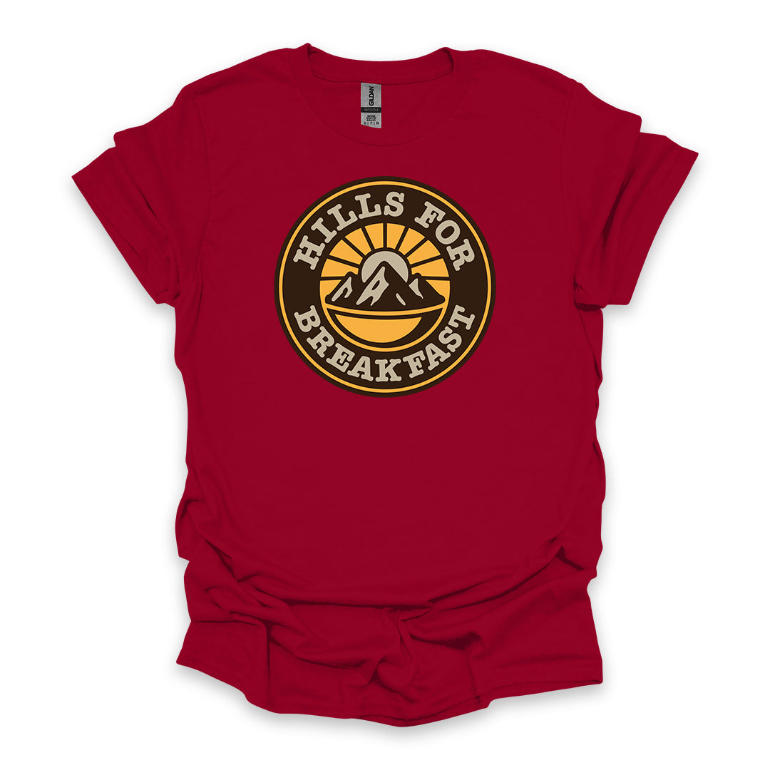 Hills For Breakfast • Hiking T-shirt • Sunrise Mountain Badge Graphic