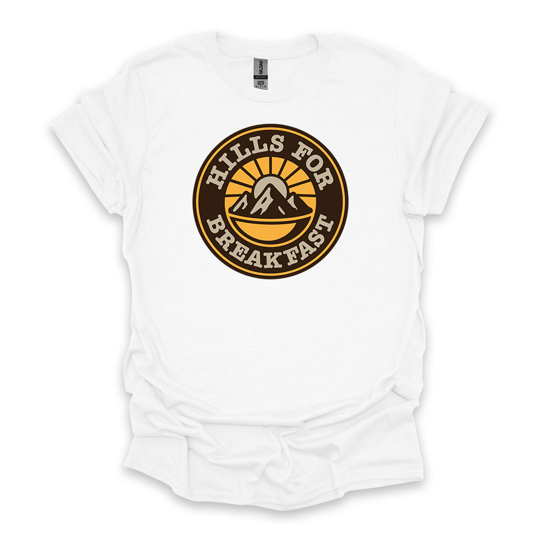 Hills For Breakfast • Hiking T-shirt • Sunrise Mountain Badge Graphic