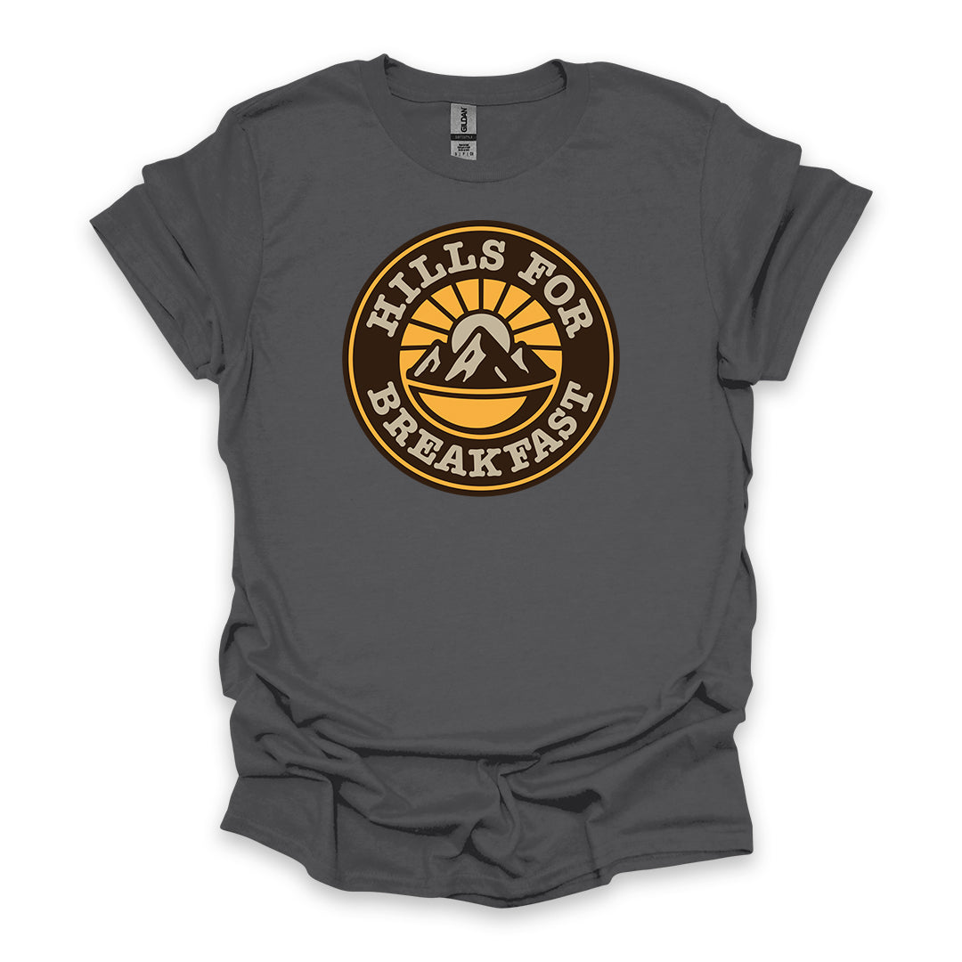 Hills For Breakfast • Hiking T-shirt • Sunrise Mountain Badge Graphic