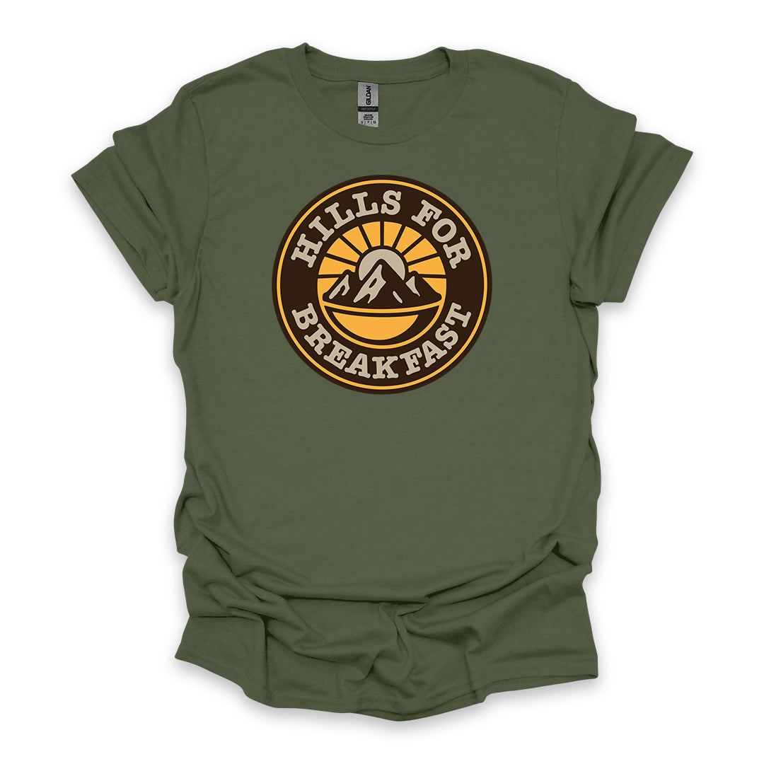Hills For Breakfast • Hiking T-shirt • Sunrise Mountain Badge Graphic