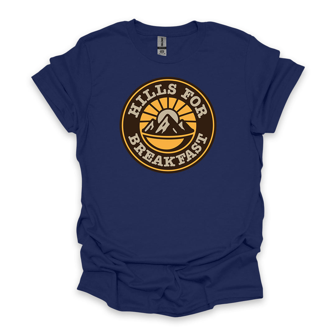 Hills For Breakfast • Hiking T-shirt • Sunrise Mountain Badge Graphic