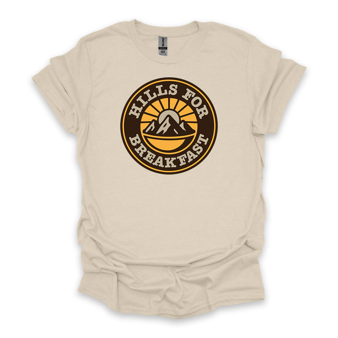 Hills For Breakfast • Hiking T-shirt • Sunrise Mountain Badge Graphic