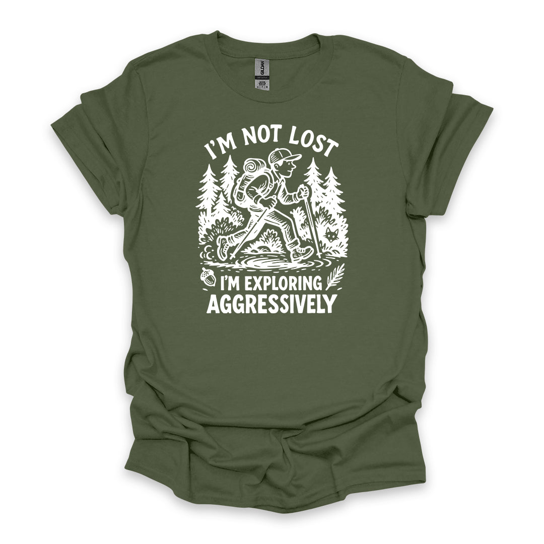 I’m Not Lost I’m Exploring Aggressively • Men's Hiking T-shirt • Retro Explorer Graphic
