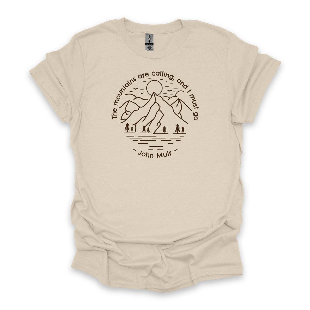 The Mountains Are Calling, And I Must Go – John Muir • Hiking T-shirt • Mountain Line Art Graphic