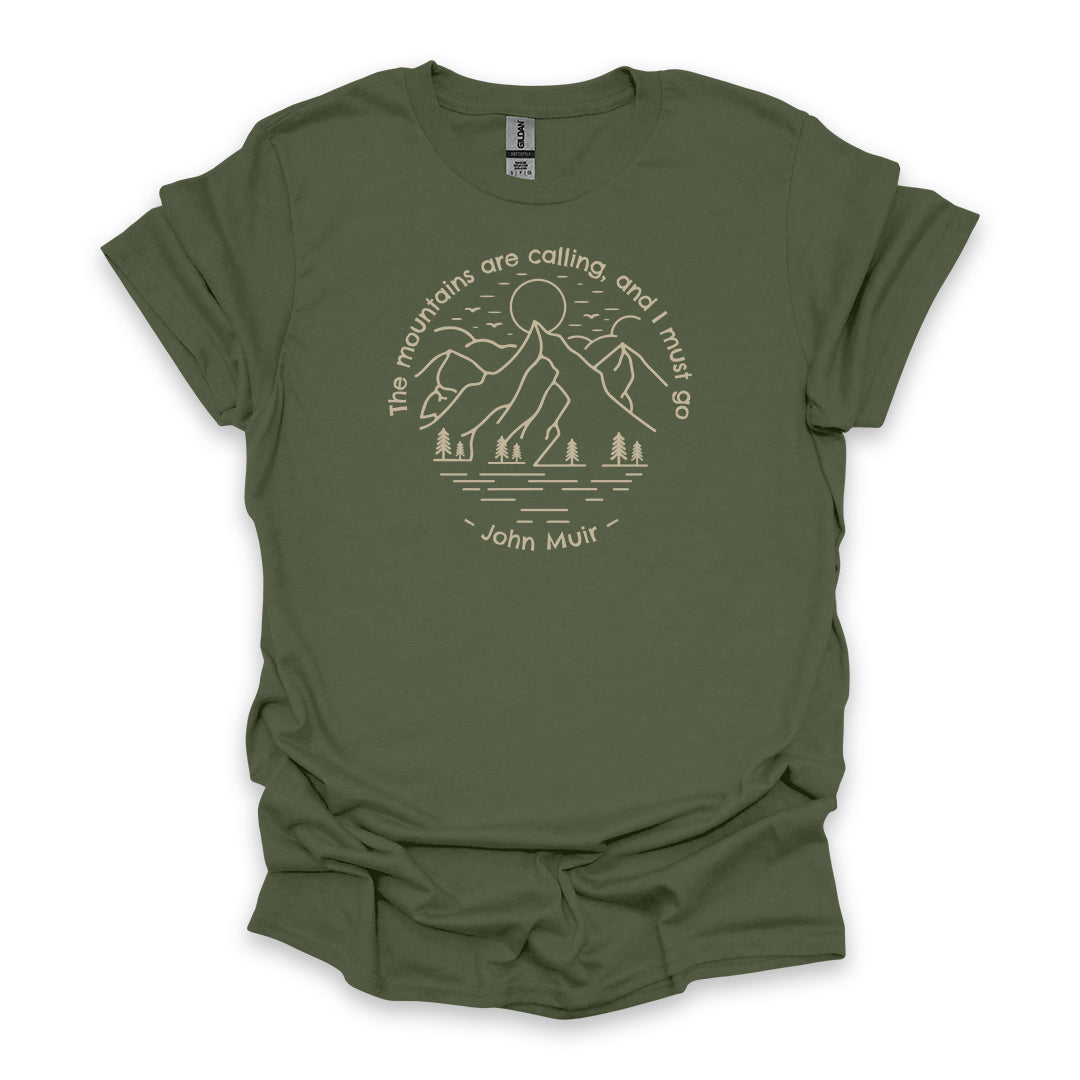 The Mountains Are Calling, And I Must Go – John Muir • Hiking T-shirt • Mountain Line Art Graphic