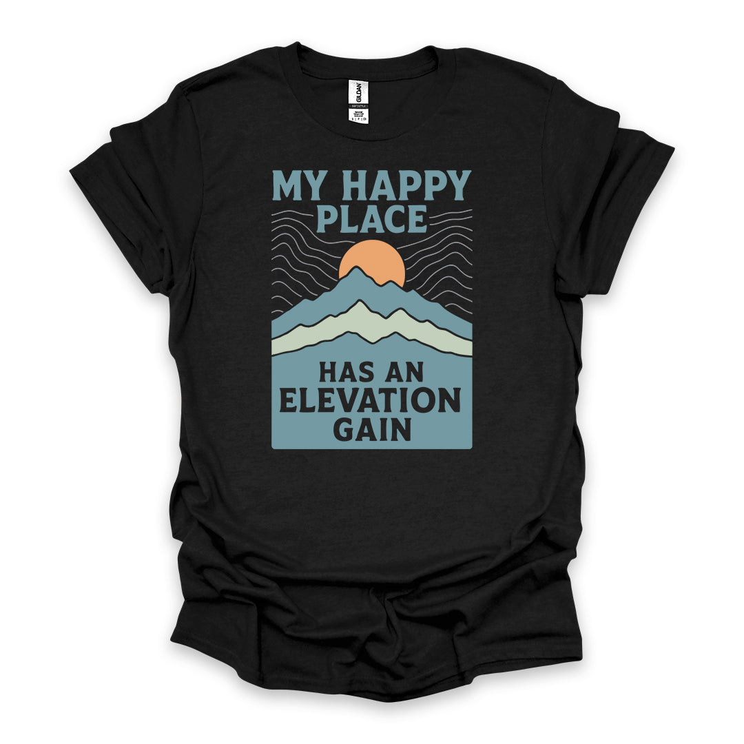 My Happy Place Has An Elevation Gain • Hiking T-shirt • Mountain Sunset Graphic