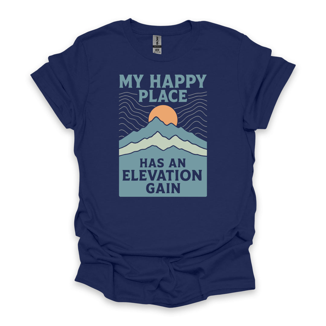 My Happy Place Has An Elevation Gain • Hiking T-shirt • Mountain Sunset Graphic
