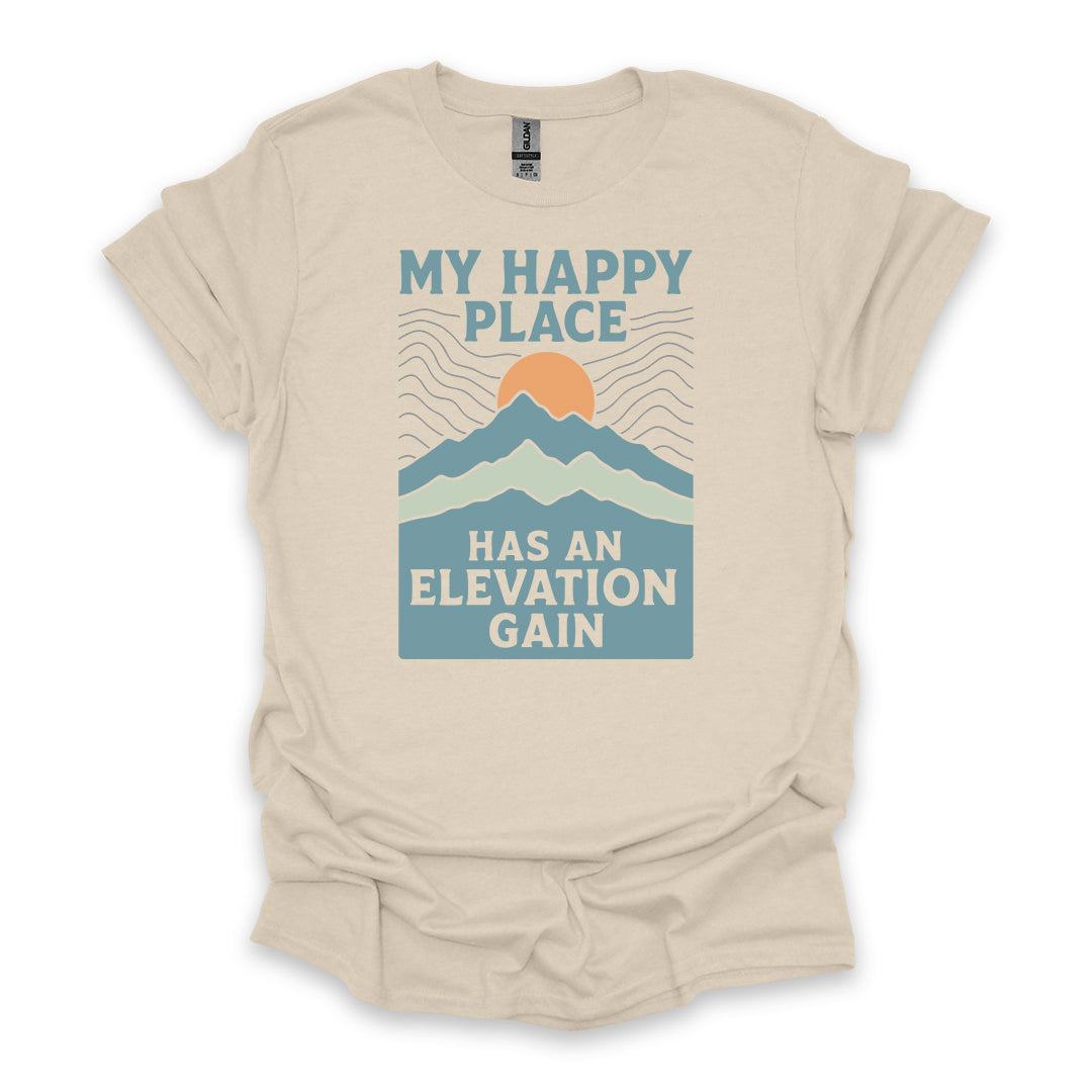 My Happy Place Has An Elevation Gain • Hiking T-shirt • Mountain Sunset Graphic