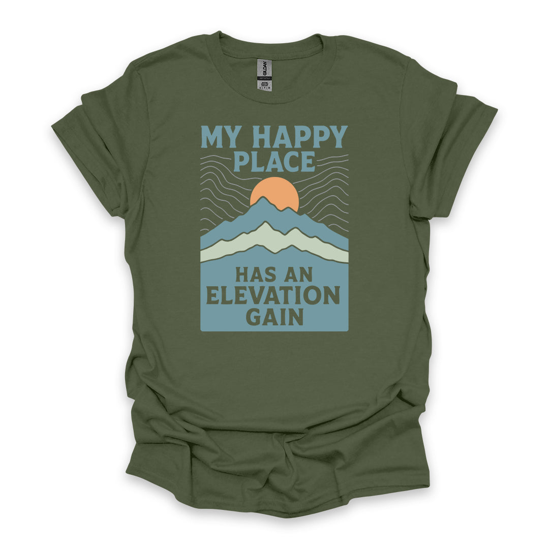 My Happy Place Has An Elevation Gain • Hiking T-shirt • Mountain Sunset Graphic