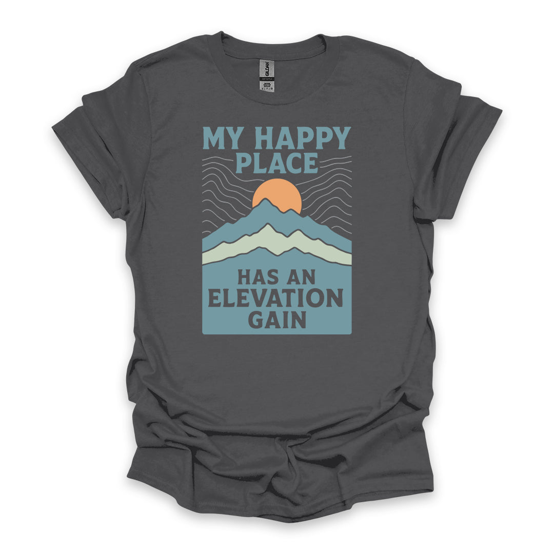 My Happy Place Has An Elevation Gain • Hiking T-shirt • Mountain Sunset Graphic