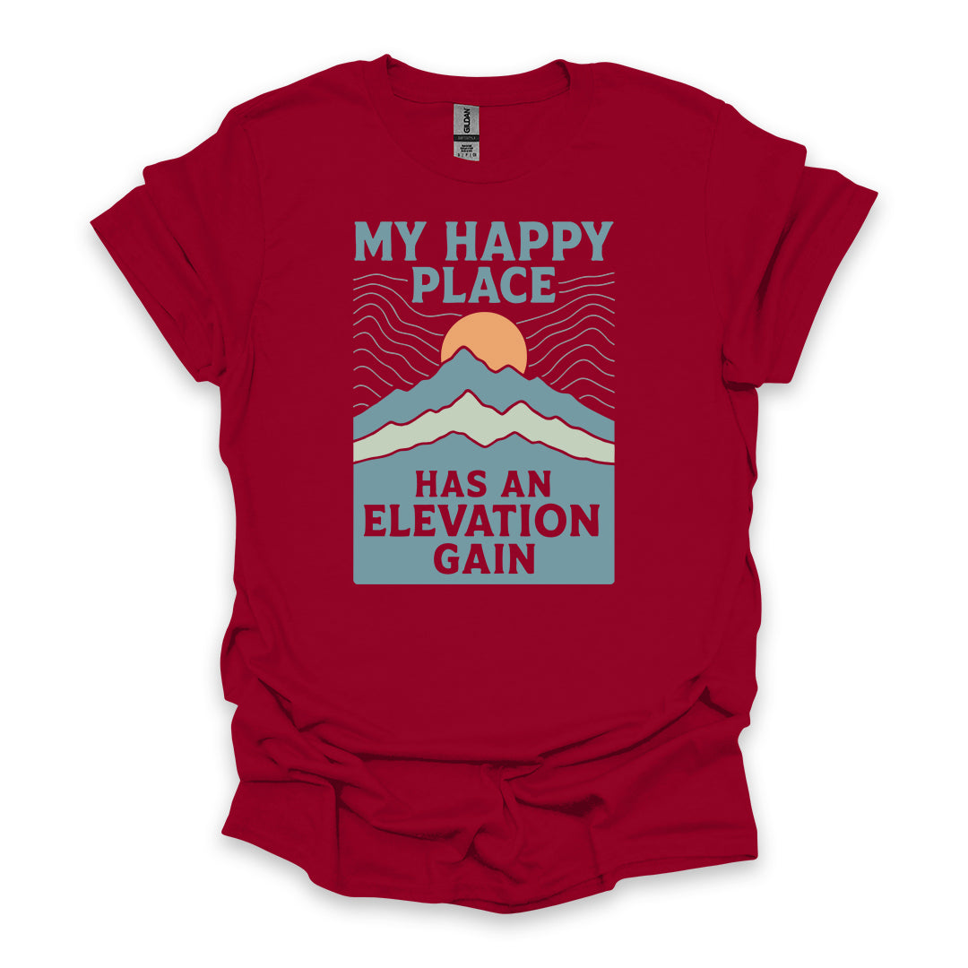 My Happy Place Has An Elevation Gain • Hiking T-shirt • Mountain Sunset Graphic