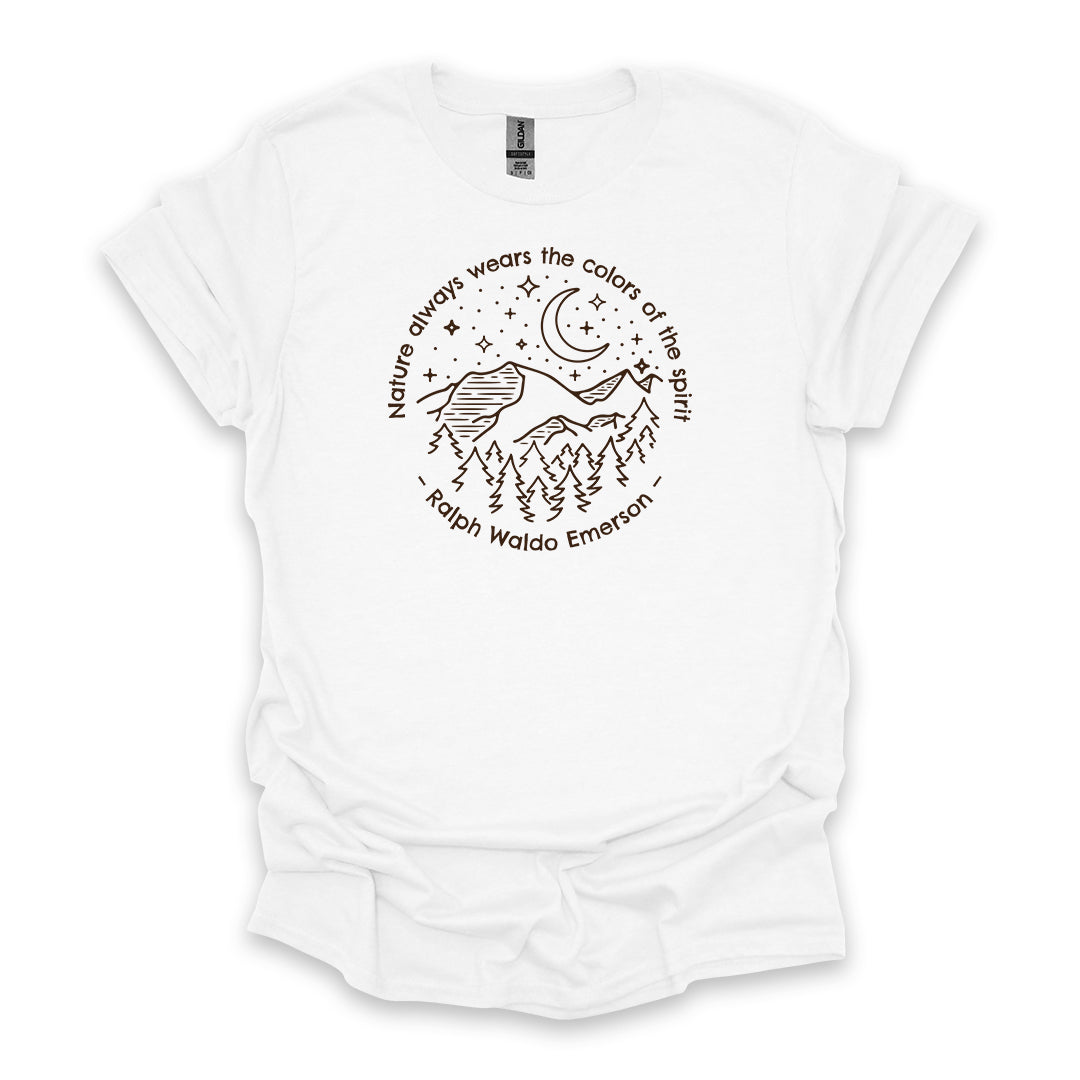 Nature Always Wears The Colors Of The Spirit – Ralph Waldo Emerson • Hiking T-shirt • Night Sky Mountain Graphic