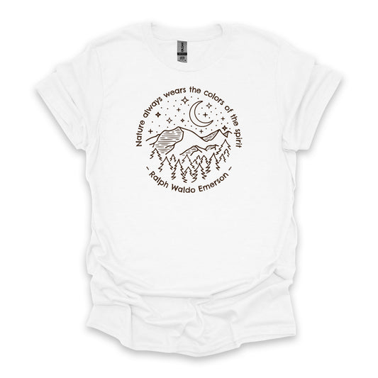 Nature Always Wears The Colors Of The Spirit – Ralph Waldo Emerson • Hiking T-shirt • Night Sky Mountain Graphic