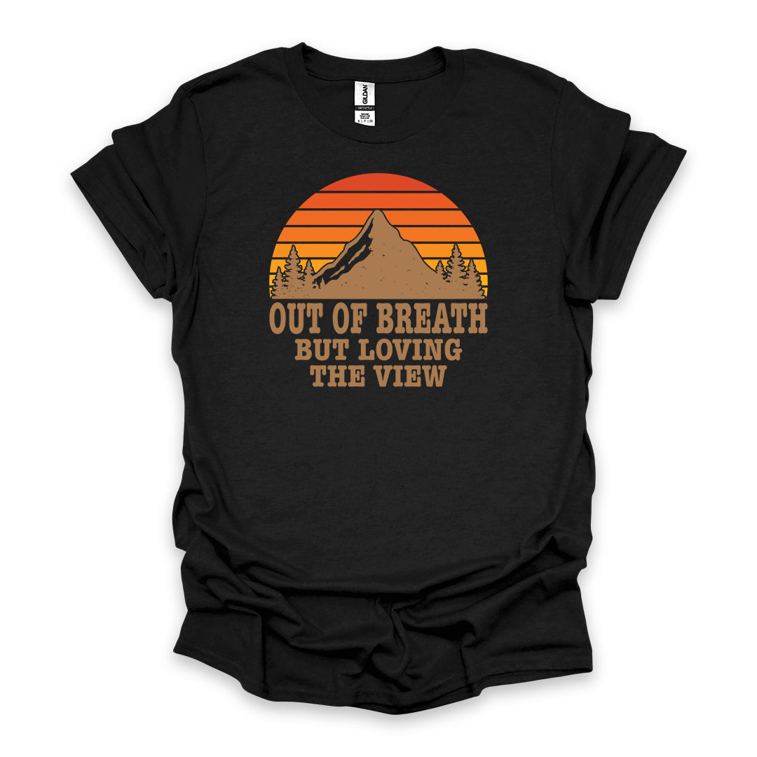 Out Of Breath But Loving The View • Hiking T-shirt • Retro Mountain Sunset Graphic