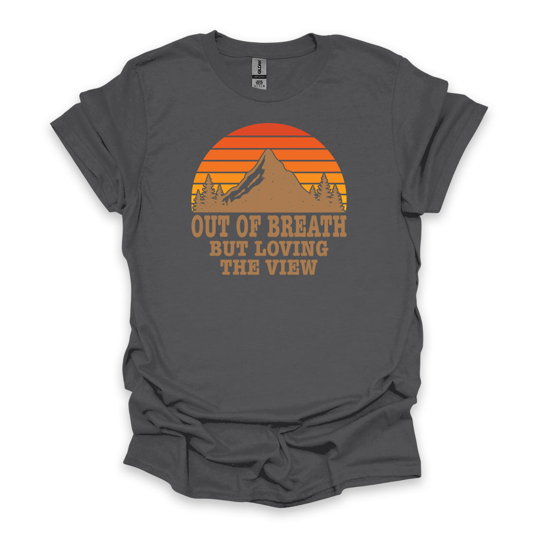 Out Of Breath But Loving The View • Hiking T-shirt • Retro Mountain Sunset Graphic