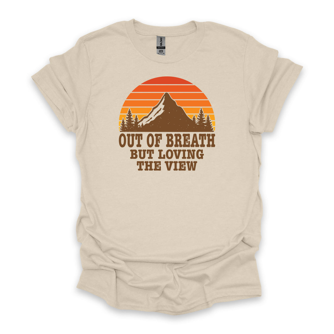 Out Of Breath But Loving The View • Hiking T-shirt • Retro Mountain Sunset Graphic