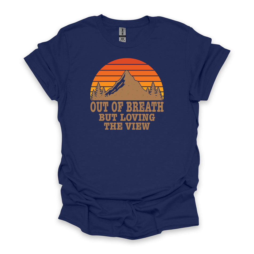 Out Of Breath But Loving The View • Hiking T-shirt • Retro Mountain Sunset Graphic