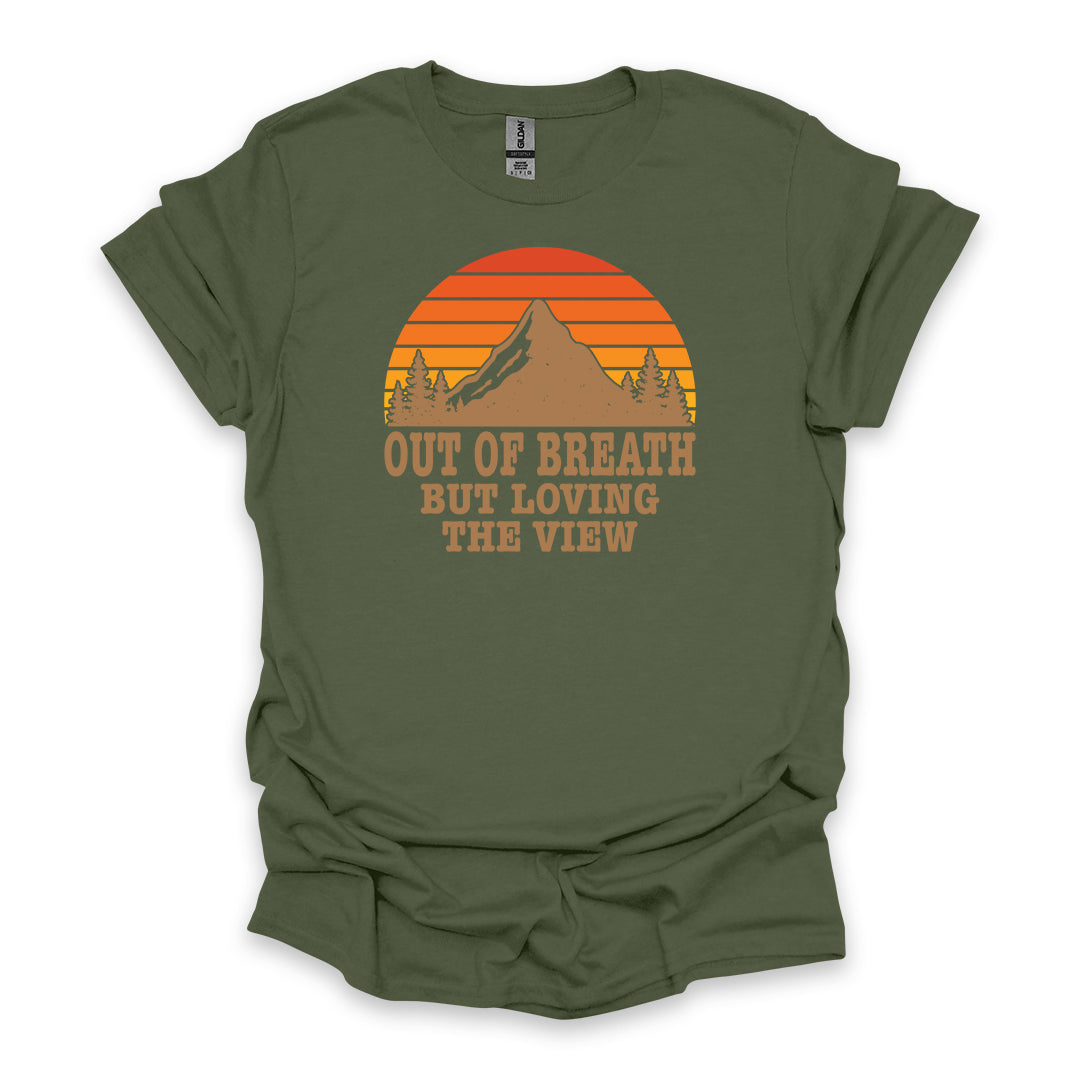Out Of Breath But Loving The View • Hiking T-shirt • Retro Mountain Sunset Graphic